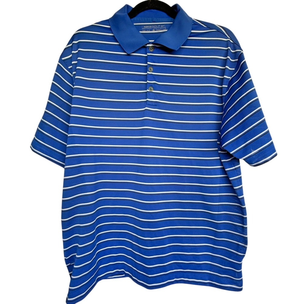 Nike Shirt Men LG Blue Performance Golf Polo Striped DriFit Preppy Relaxed Fit